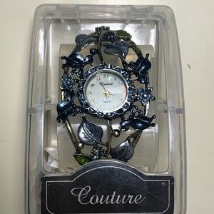 Couture Quartz Floral Watch with Black and Silver Accents
